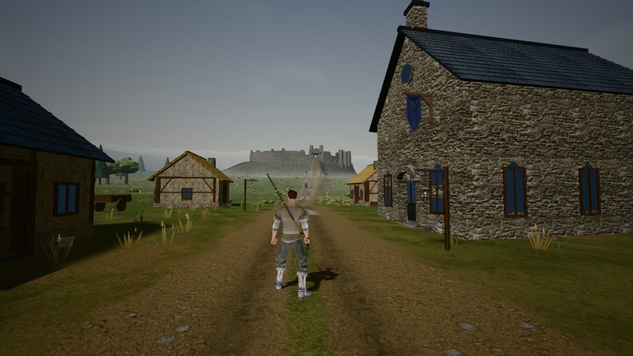 In-game screenshot: a traveller on the road out of Sable Crossing, past the stone chapel, with the Misremembered Keep on the horizon.